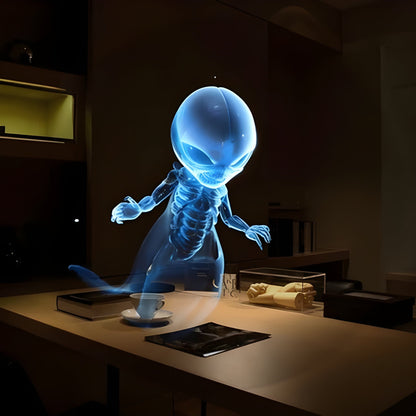 Glowing hologram blue alien figure on a kitchen counter with a cup and book.