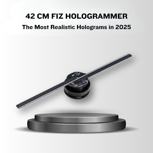 42 CM FIZ HOLOGRAMMER with text about realistic holograms in 2025 on a gray background